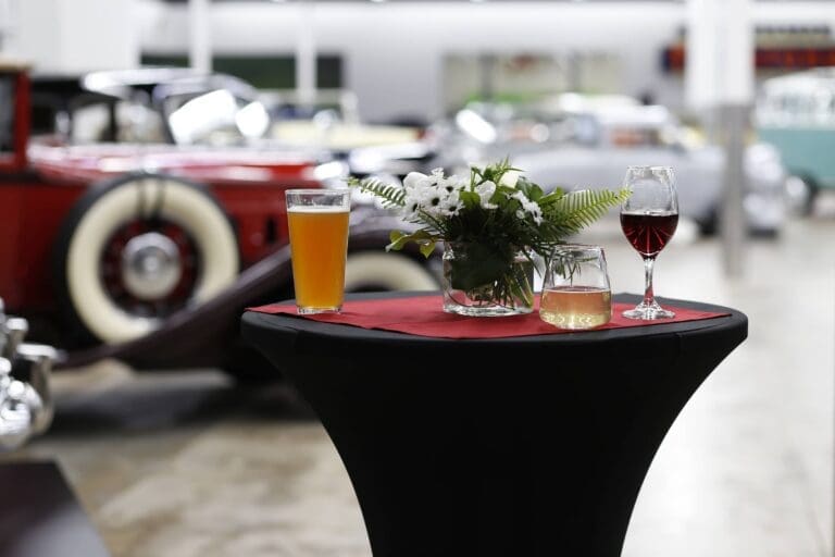 Cocktail table up close on show floor with drinks